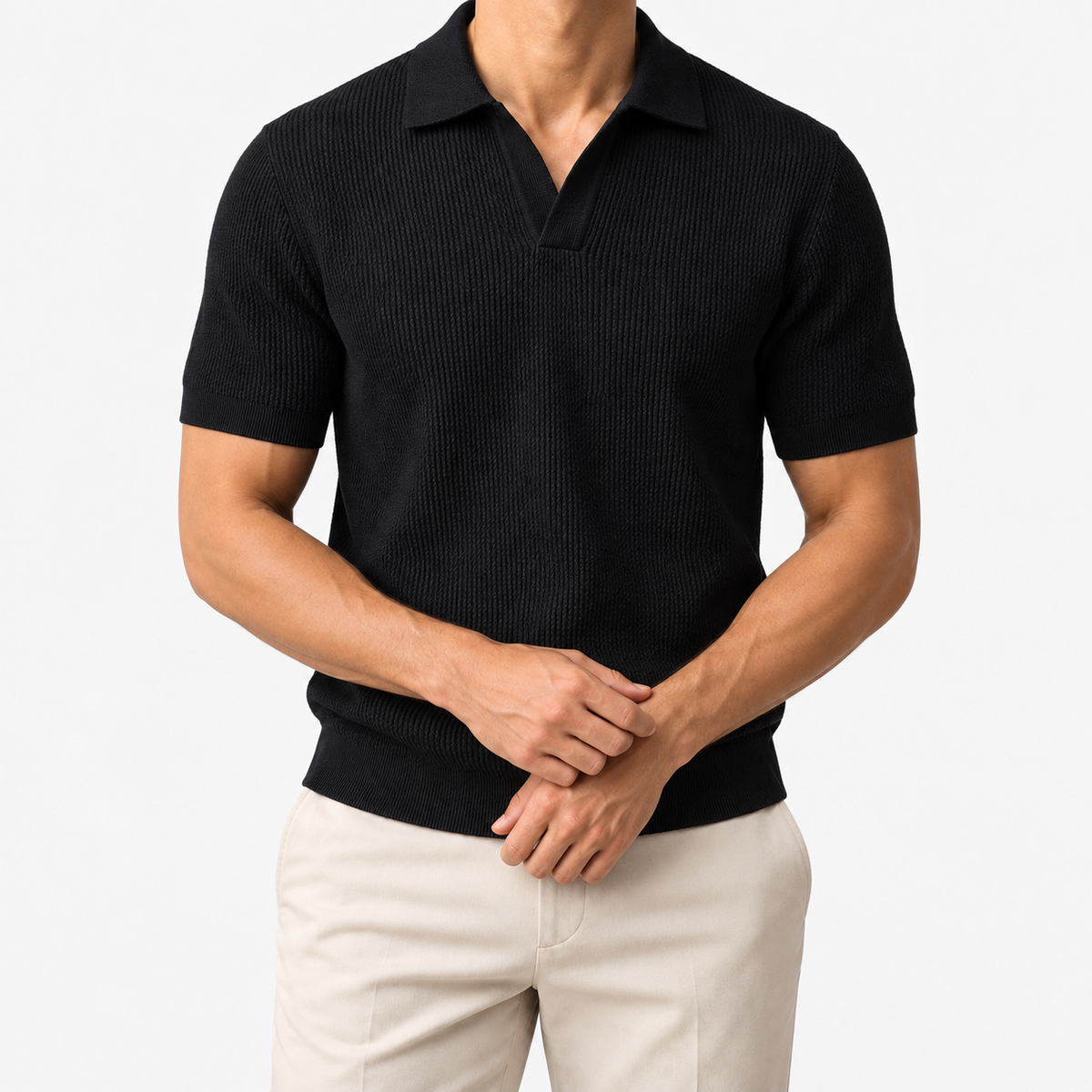 Ramon business slim cashmere polo sweater in black, front model view