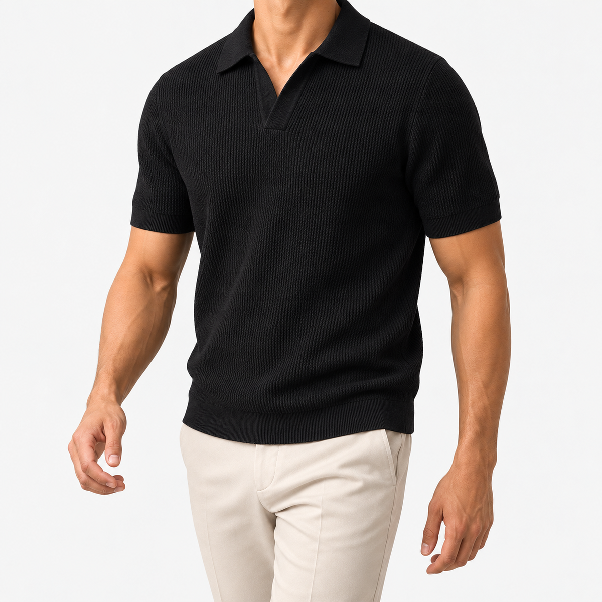 Ramon business slim cashmere polo sweater in black, three-quarter model view