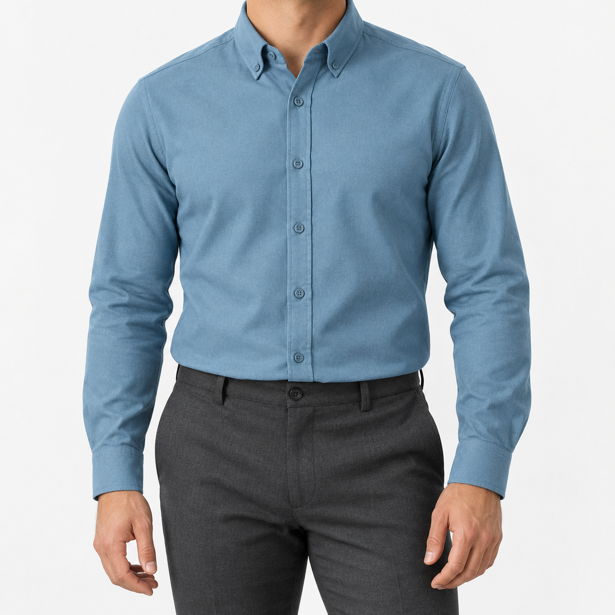 Cotton oxford sweat-wicking slim fit shirt in blue, front model view