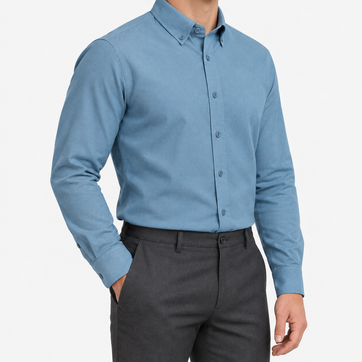 Cotton oxford sweat-wicking slim fit shirt in blue, three-quarter model view