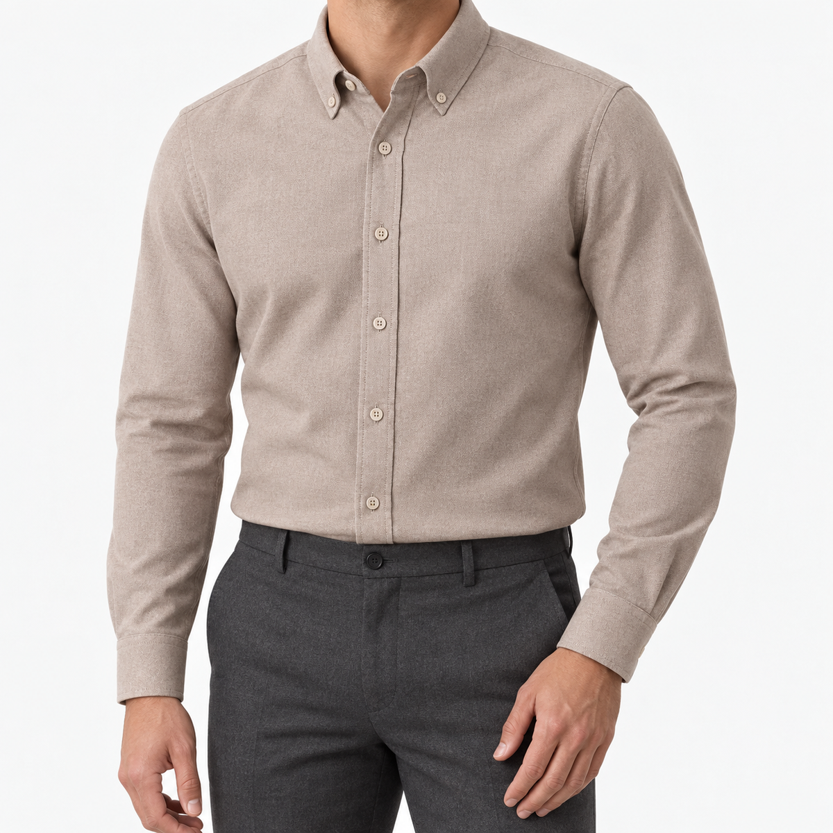 Cotton oxford sweat-wicking slim fit shirt in beige, front model view