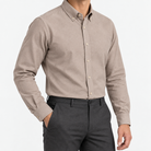 Cotton oxford sweat-wicking slim fit shirt in beige, three-quarter model view