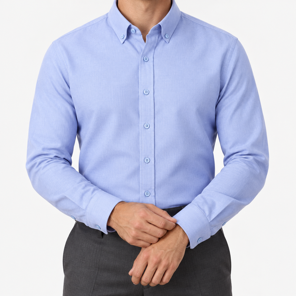 Cotton oxford sweat-wicking slim fit shirt in sky blue, front model view