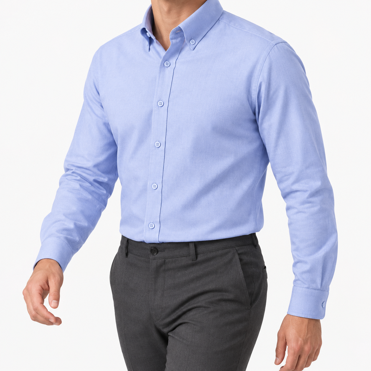Cotton oxford sweat-wicking slim fit shirt in sky blue, three-quarter model view