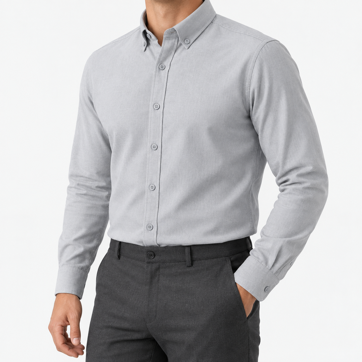 Cotton oxford sweat-wicking slim fit shirt in gray, three-quarter model view