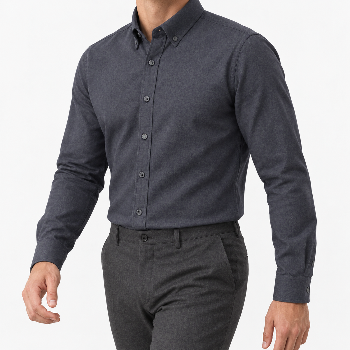 Cotton oxford sweat-wicking slim fit shirt in dark gray, three-quarter model view