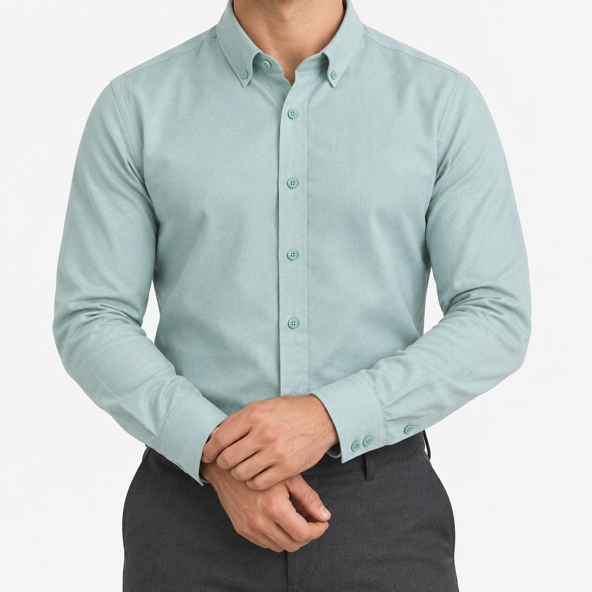 Cotton oxford sweat-wicking slim fit shirt in green, front model view