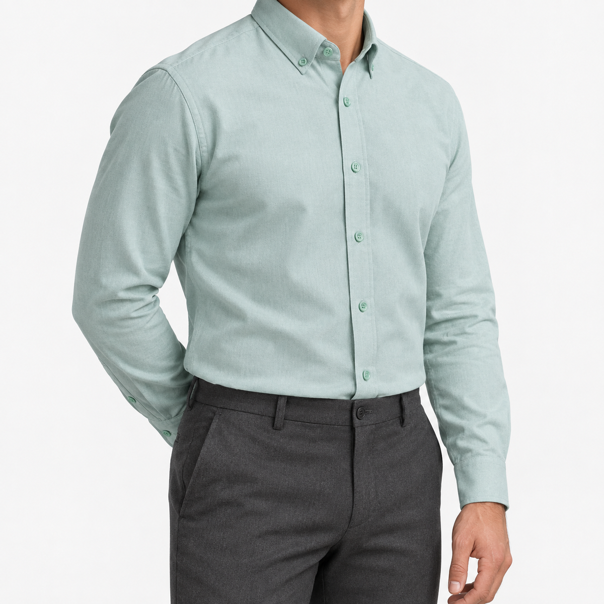 Cotton oxford sweat-wicking slim fit shirt in green, three-quarter model view