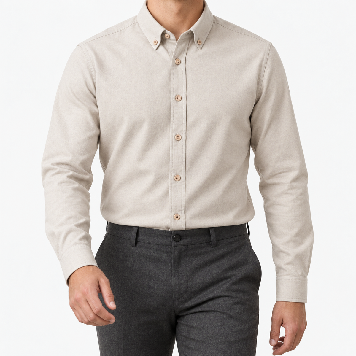 Cotton oxford sweat-wicking slim fit shirt in khaki, front model view