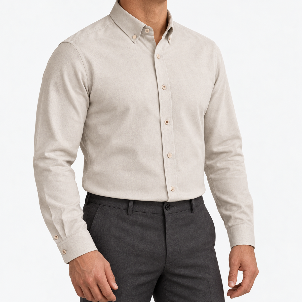Cotton oxford sweat-wicking slim fit shirt in khaki, three-quarter model view