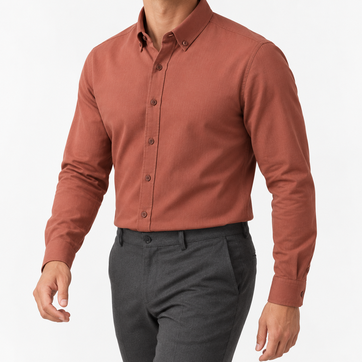 Cotton oxford sweat-wicking slim fit shirt in orange, three-quarter model view