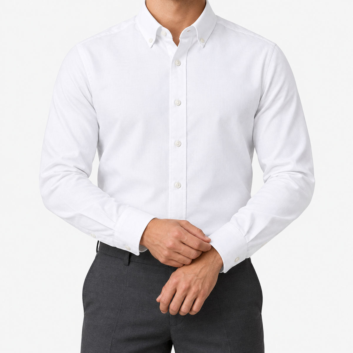 Cotton oxford sweat-wicking slim fit shirt in white, front model view