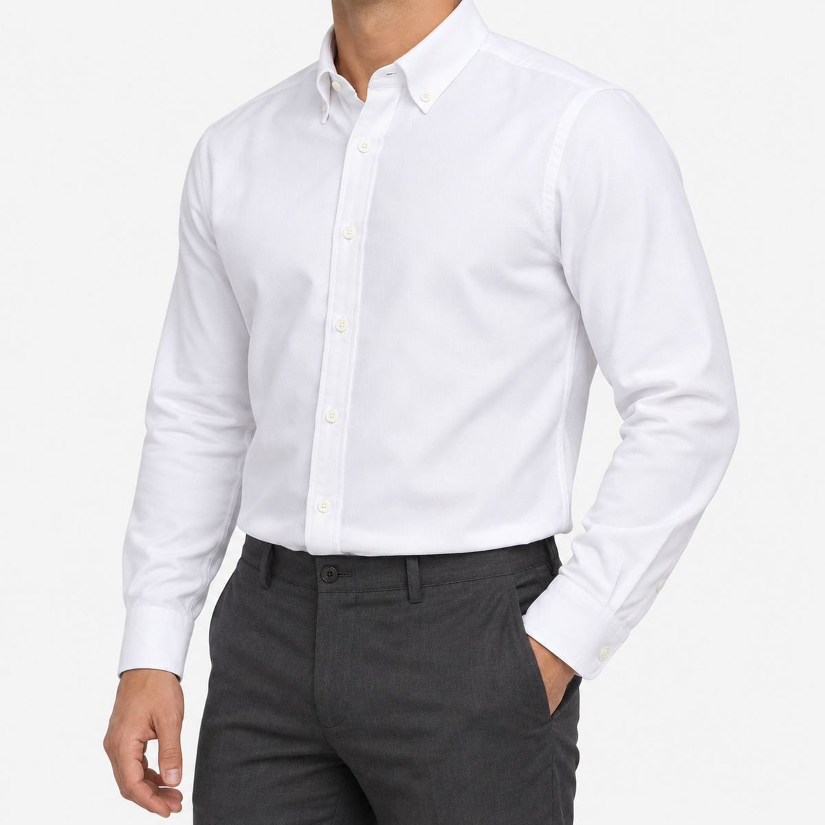 Cotton oxford sweat-wicking slim fit shirt in white, three-quarter model view