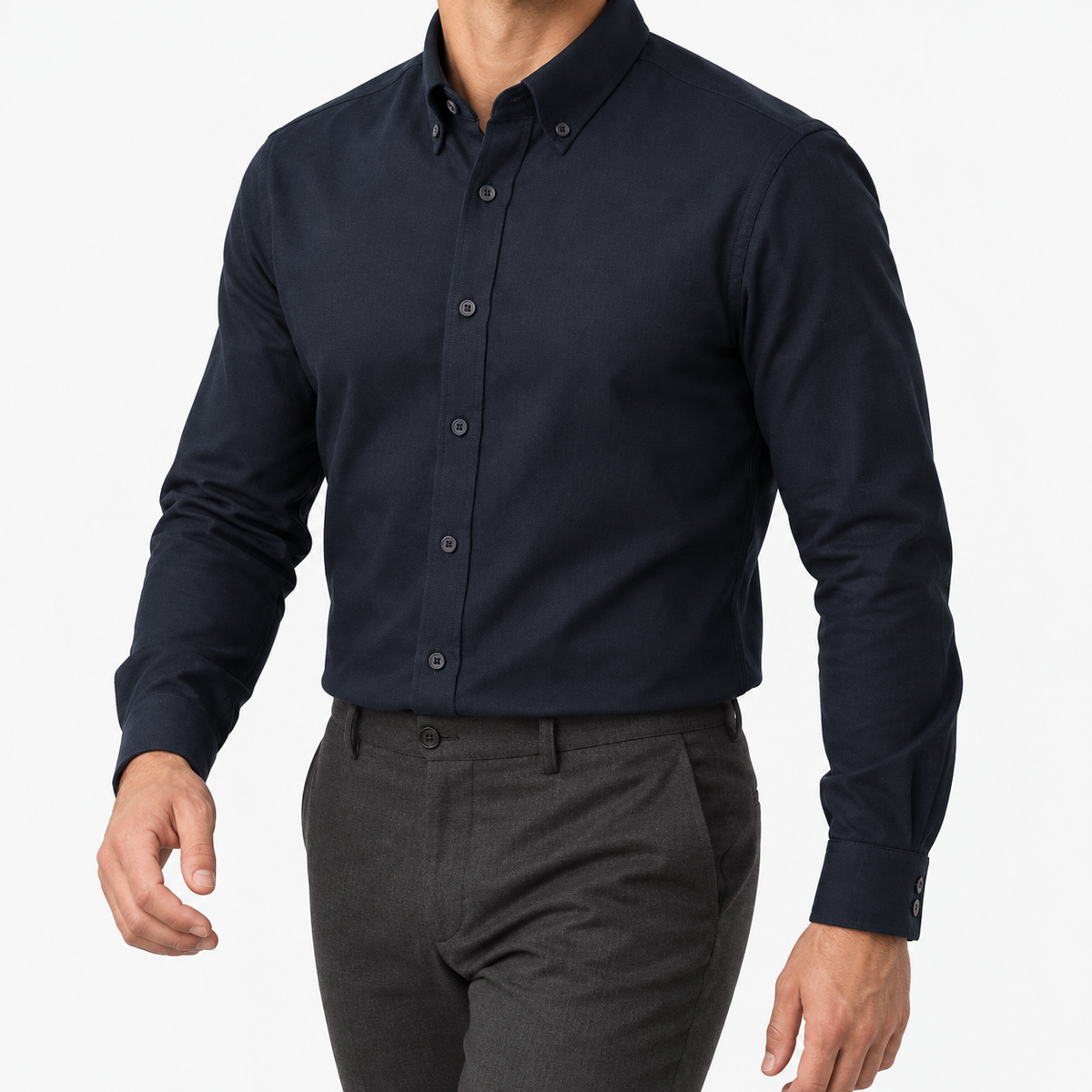 Cotton oxford sweat-wicking slim fit shirt in navy blue, three-quarter model view