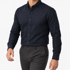 Cotton oxford sweat-wicking slim fit shirt in navy blue, three-quarter model view