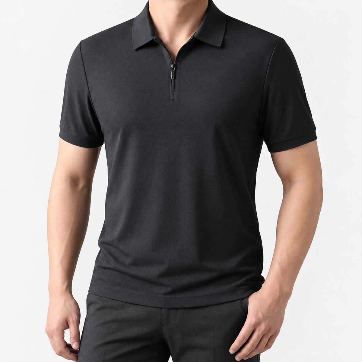Ramon half-zip polo slim fit stretch t-shirt in ink gray, front model view