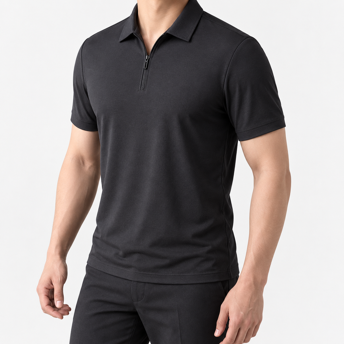 Ramon half-zip polo slim fit stretch t-shirt in ink gray, three-quarter model view