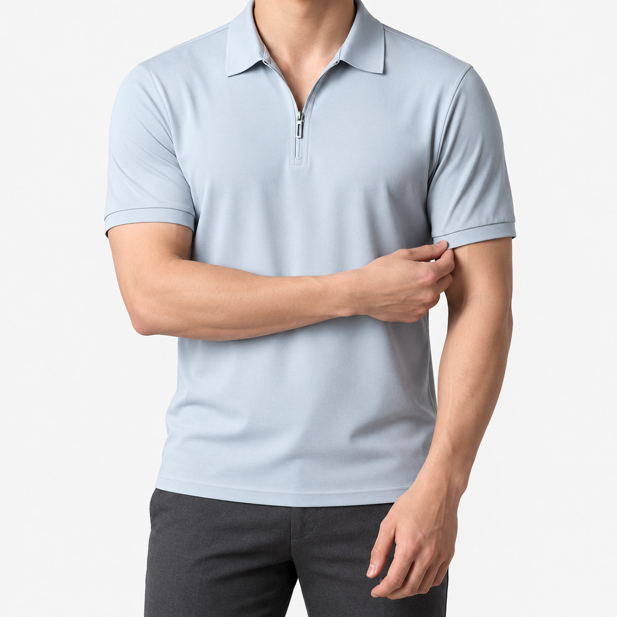 Ramon half-zip polo slim fit stretch t-shirt in light blue, front model view