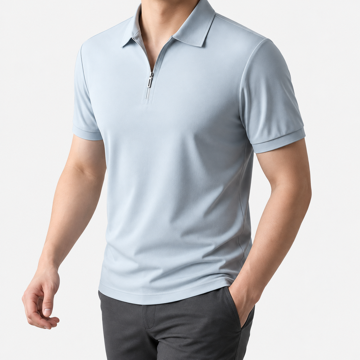 Ramon half-zip polo slim fit stretch t-shirt in light blue, three-quarter model view