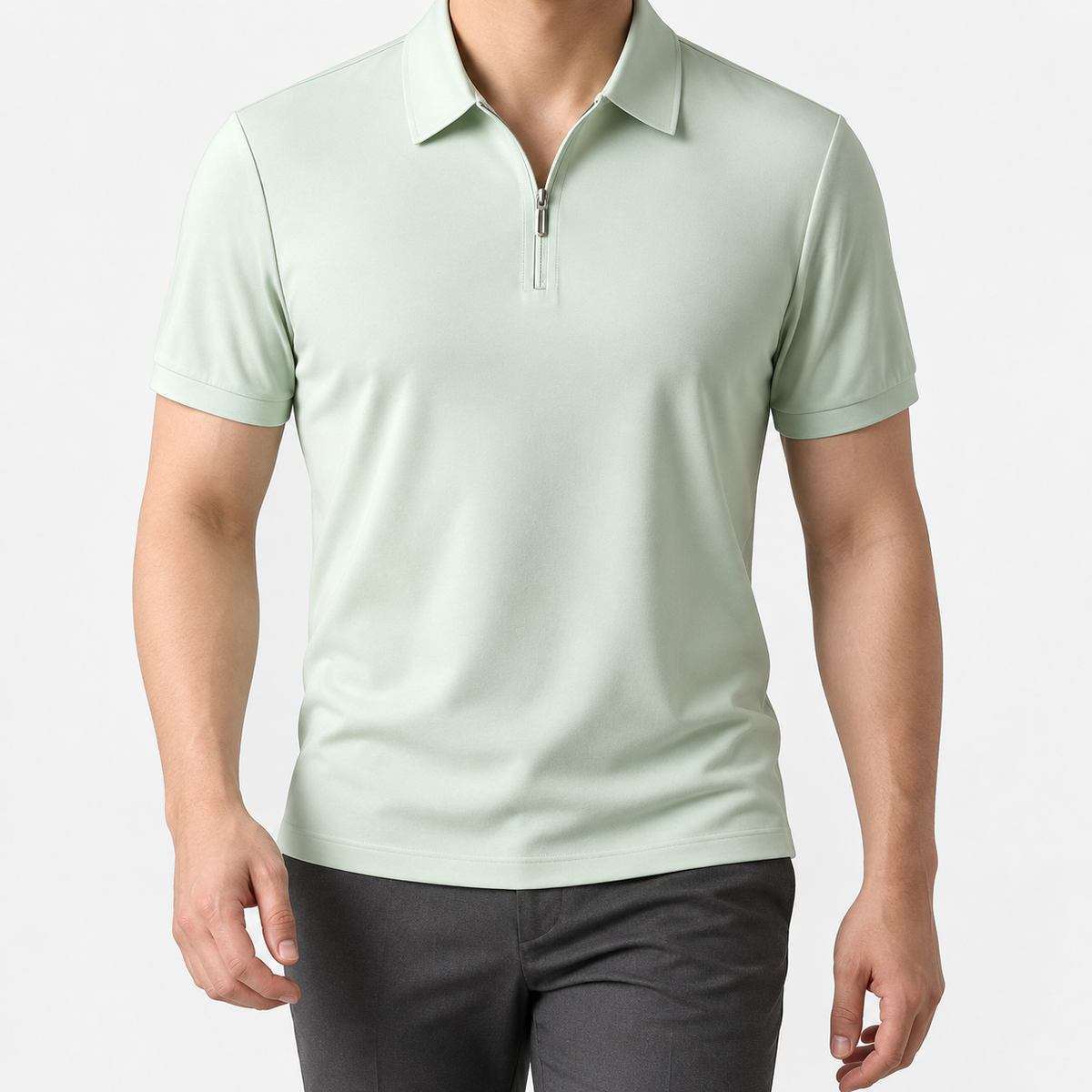 Ramon half-zip polo slim fit stretch t-shirt in light green, front model view