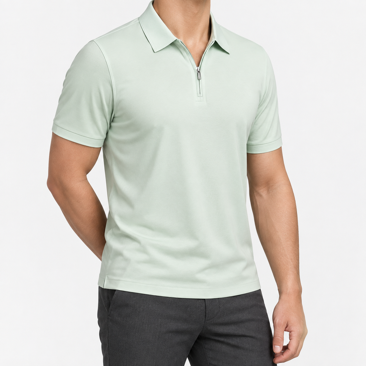 Ramon half-zip polo slim fit stretch t-shirt in light green, three-quarter model view