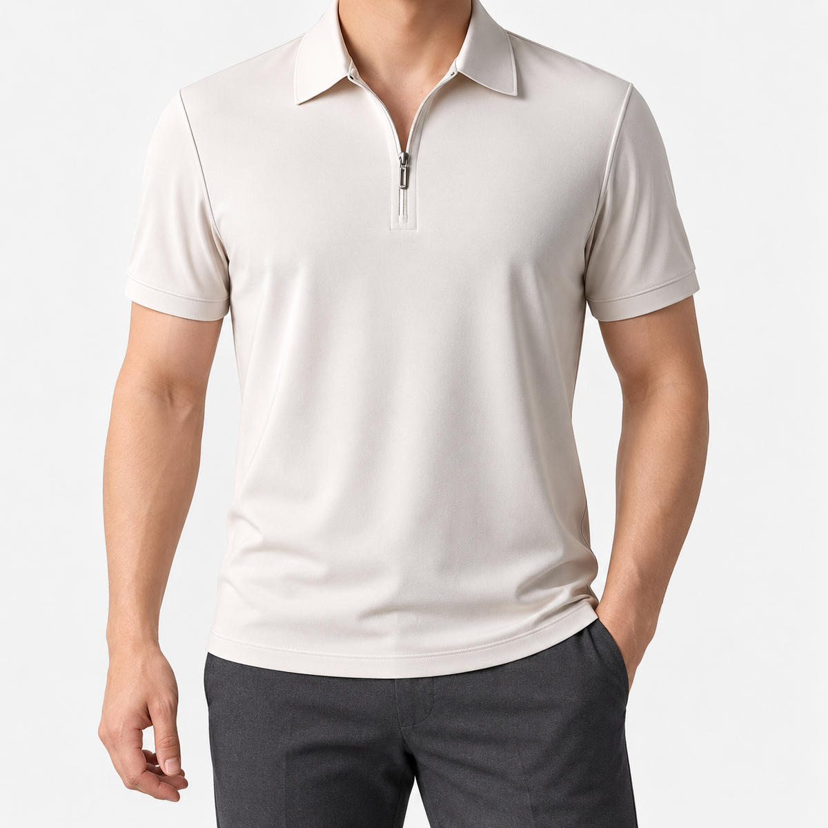 Ramon half-zip polo slim fit stretch t-shirt in moonlight white, front model view