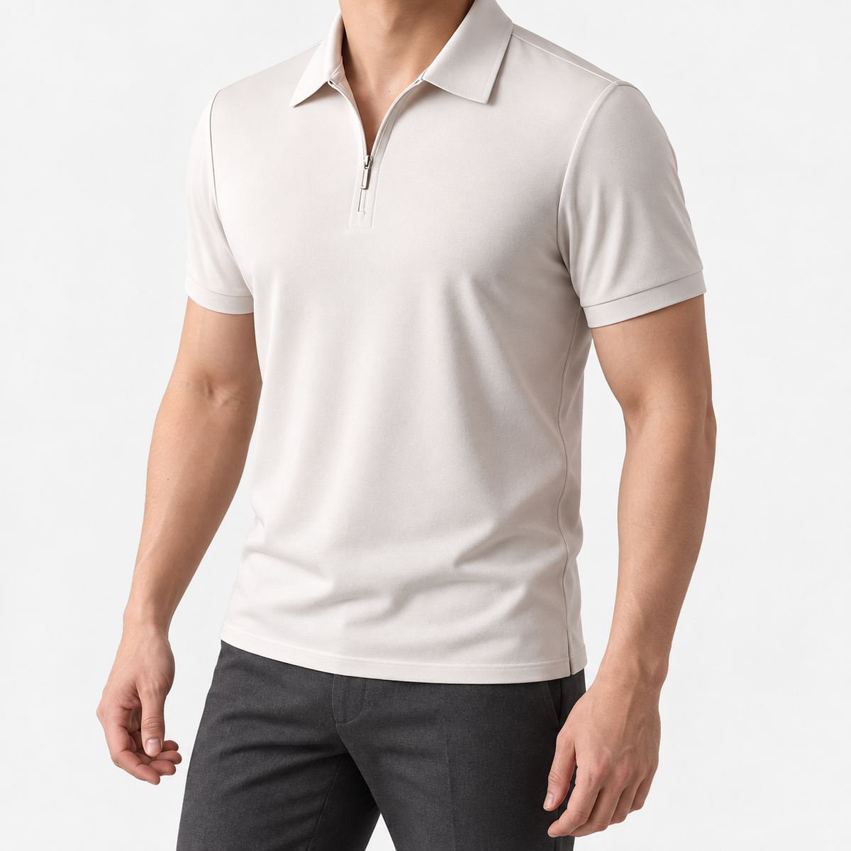Ramon half-zip polo slim fit stretch t-shirt in moonlight white, three-quarter model view