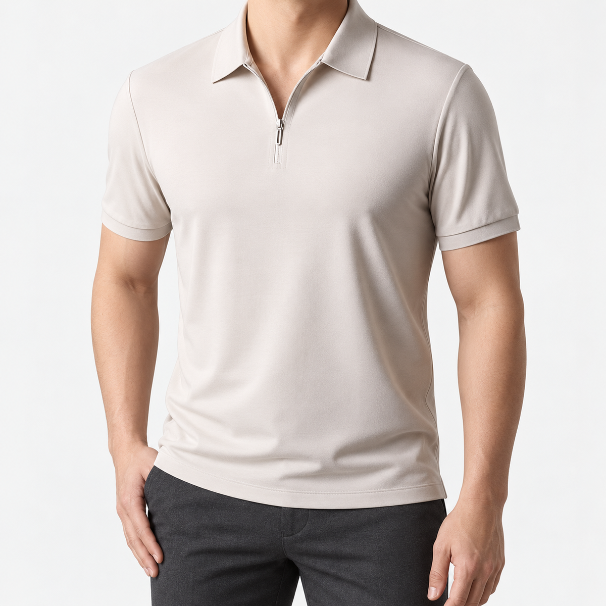 Ramon half-zip polo slim fit stretch t-shirt in apricot, front model view