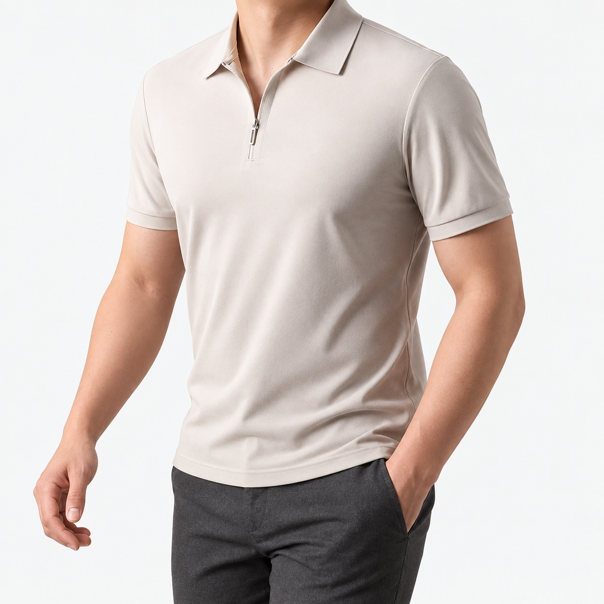 Ramon half-zip polo slim fit stretch t-shirt in apricot, three-quarter model view