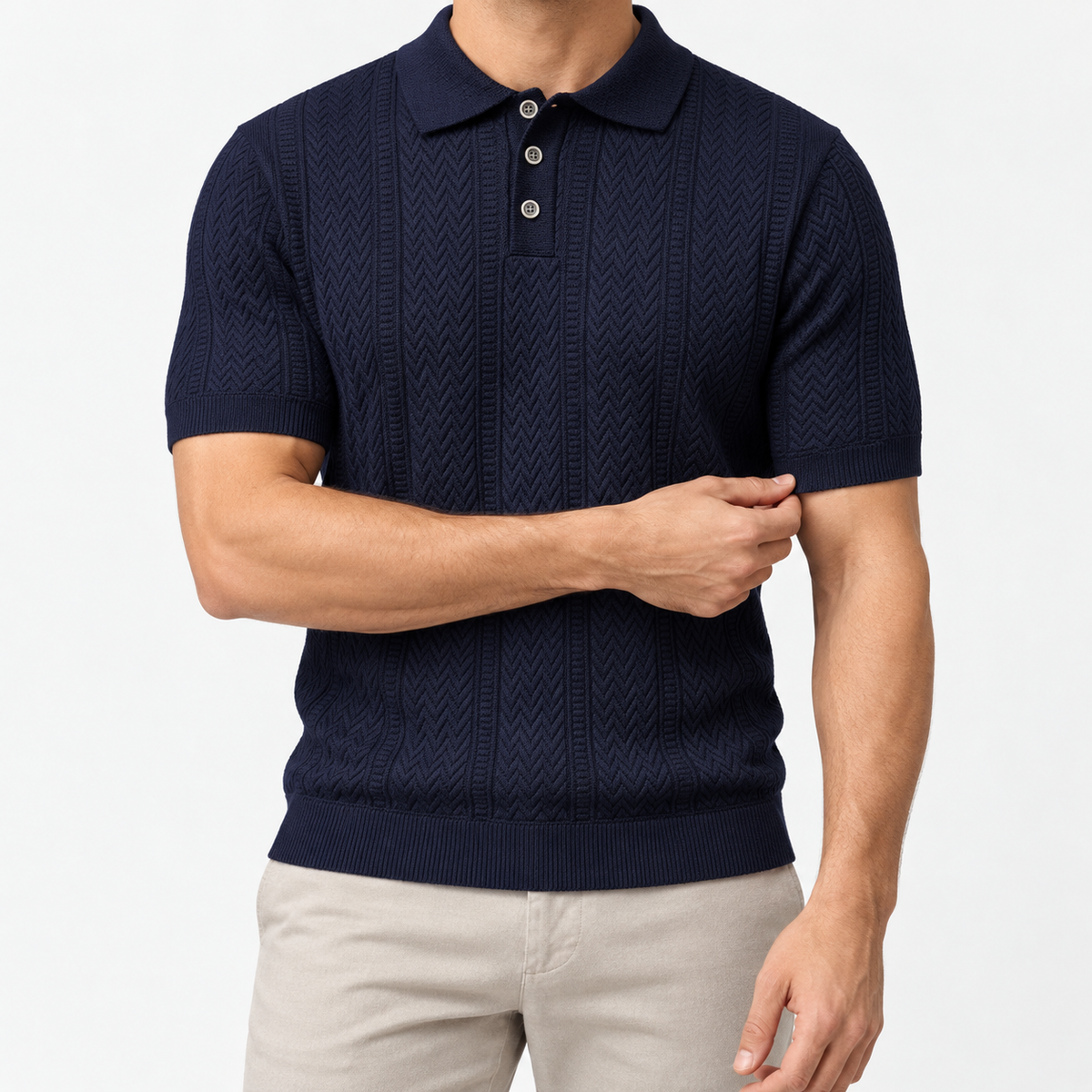 Polo collar summer golf t-shirt in navy, front model view