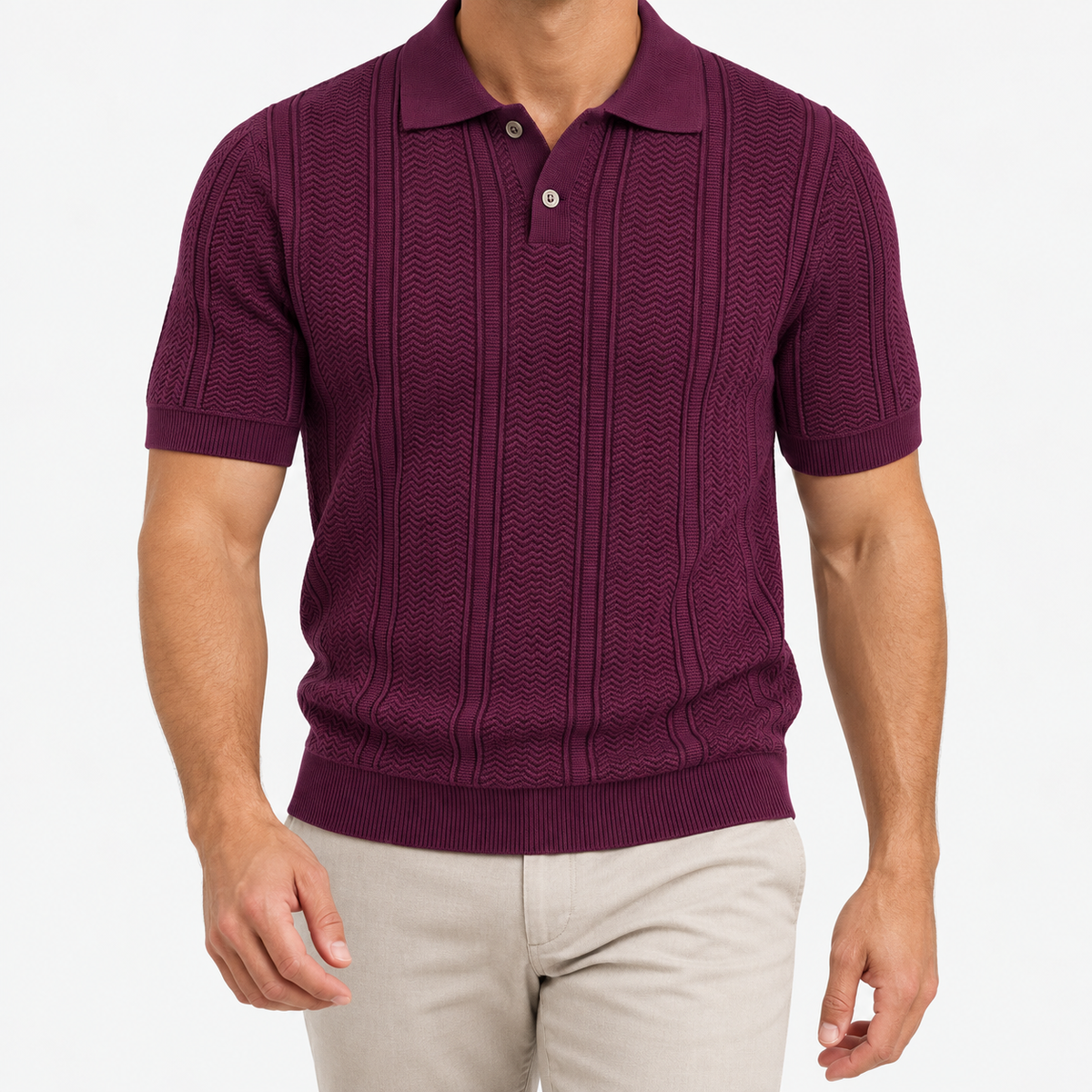 Polo collar summer golf t-shirt in wine red, front model view