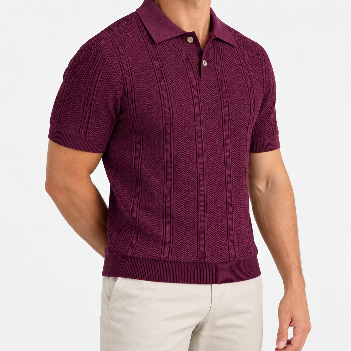 Polo collar summer golf t-shirt in wine red, three-quarter model view