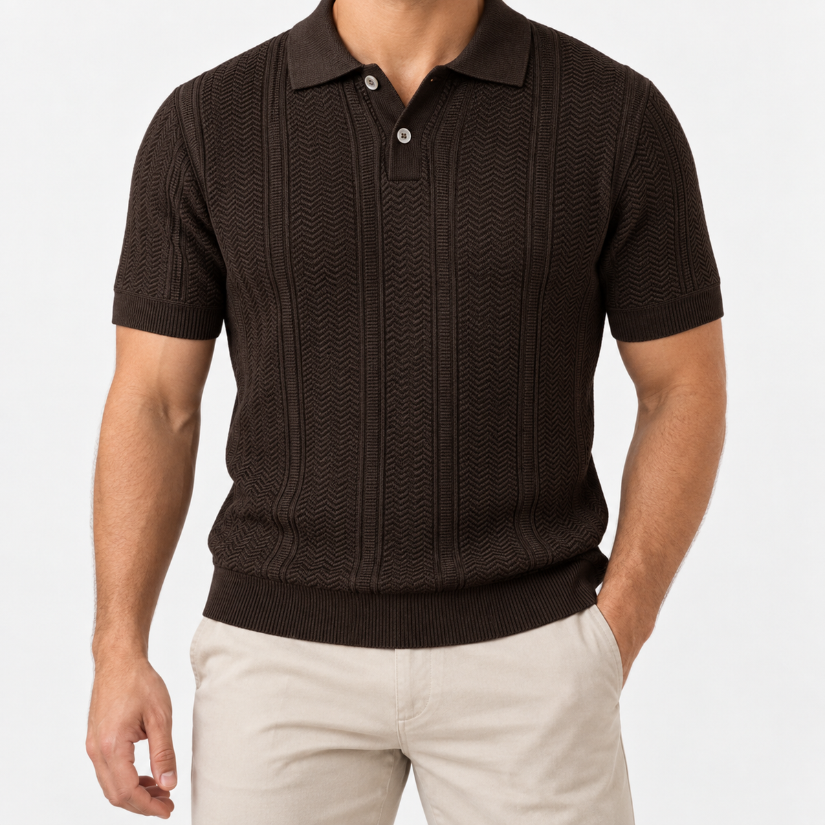Polo collar summer golf t-shirt in coffee, front model view