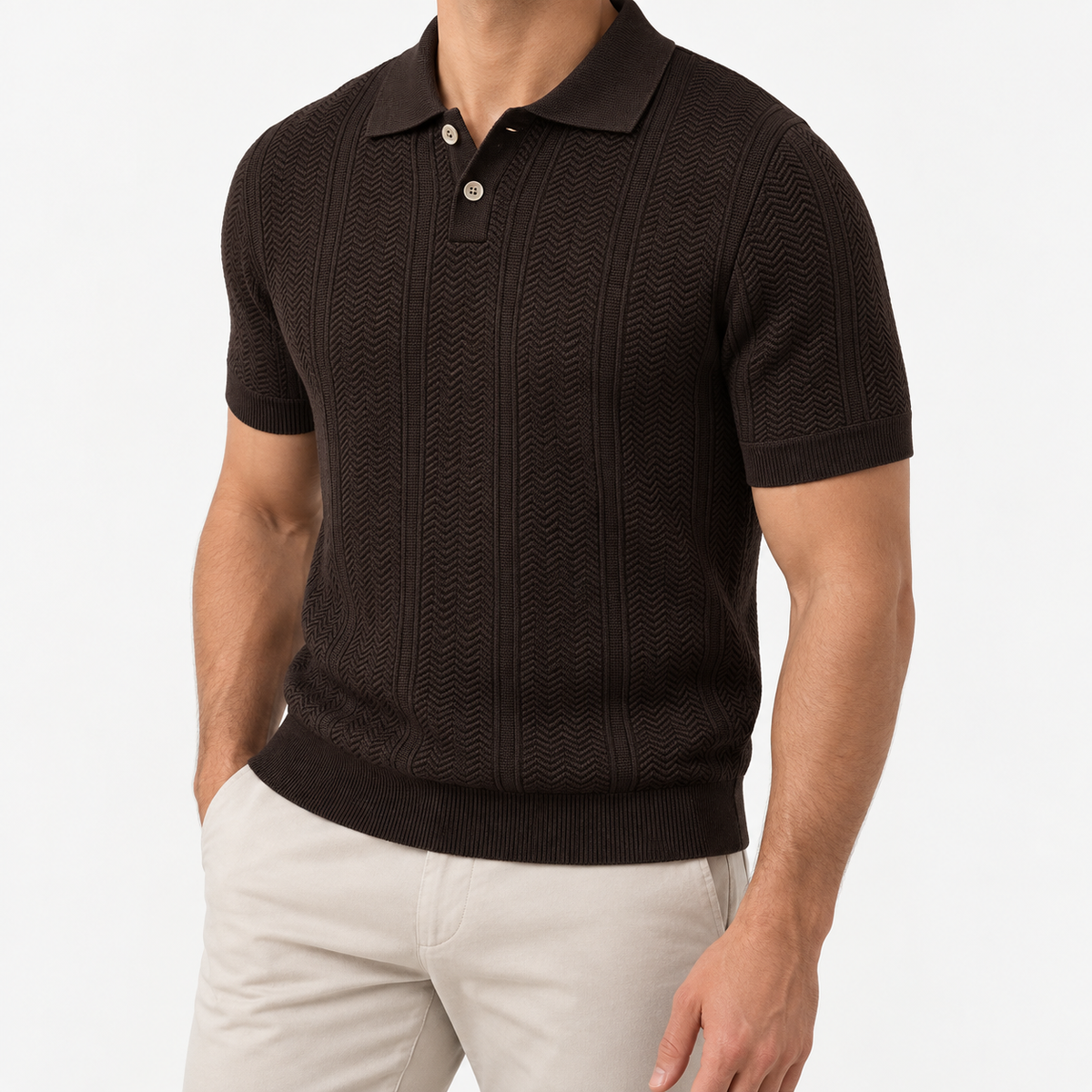 Polo collar summer golf t-shirt in coffee, three-quarter model view