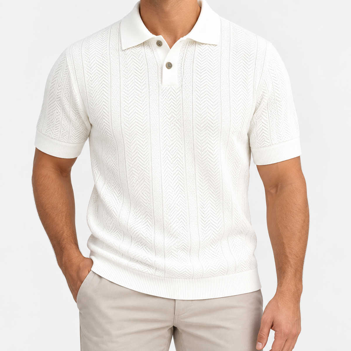 Polo collar summer golf t-shirt in white, front model view