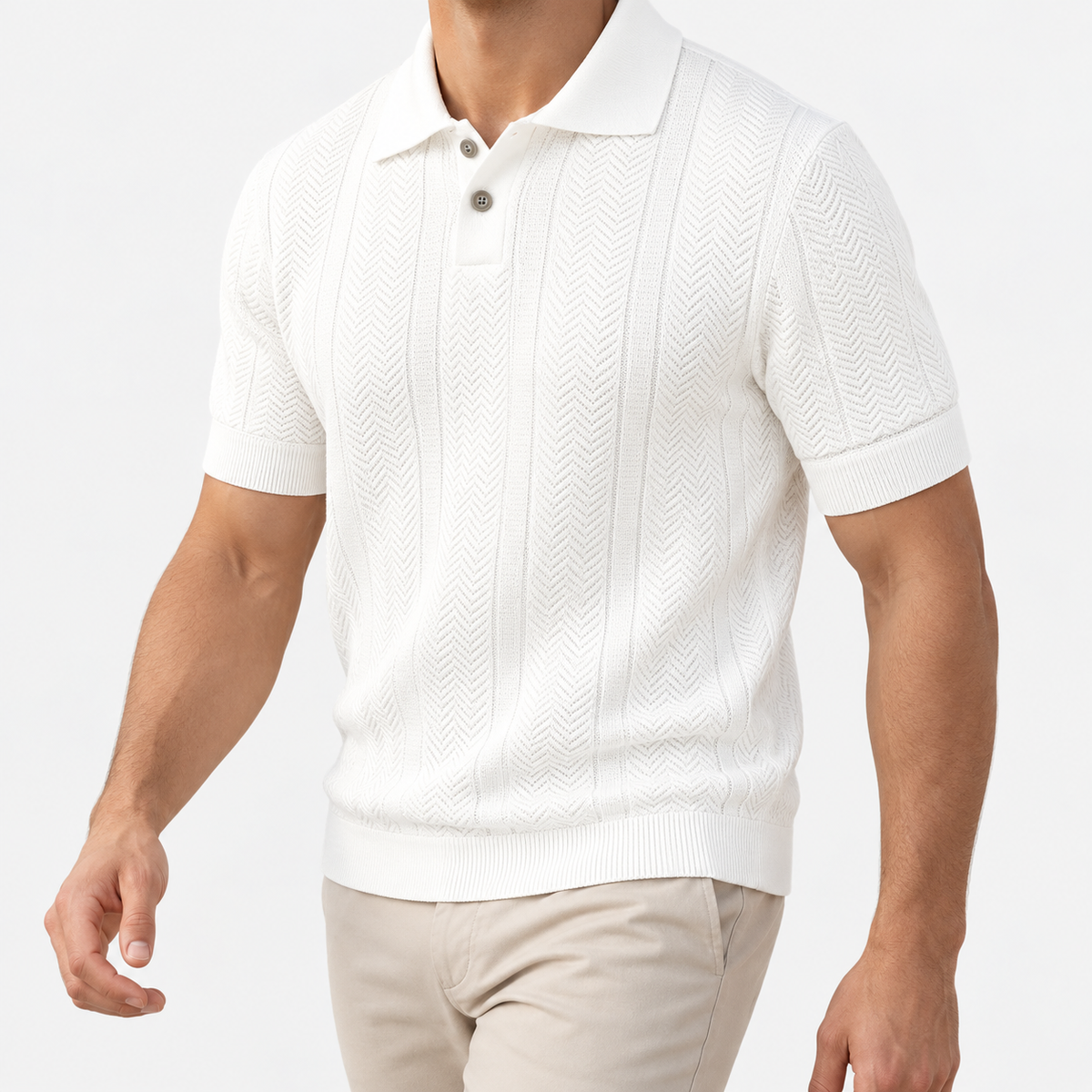 Polo collar summer golf t-shirt in white, three-quarter model view