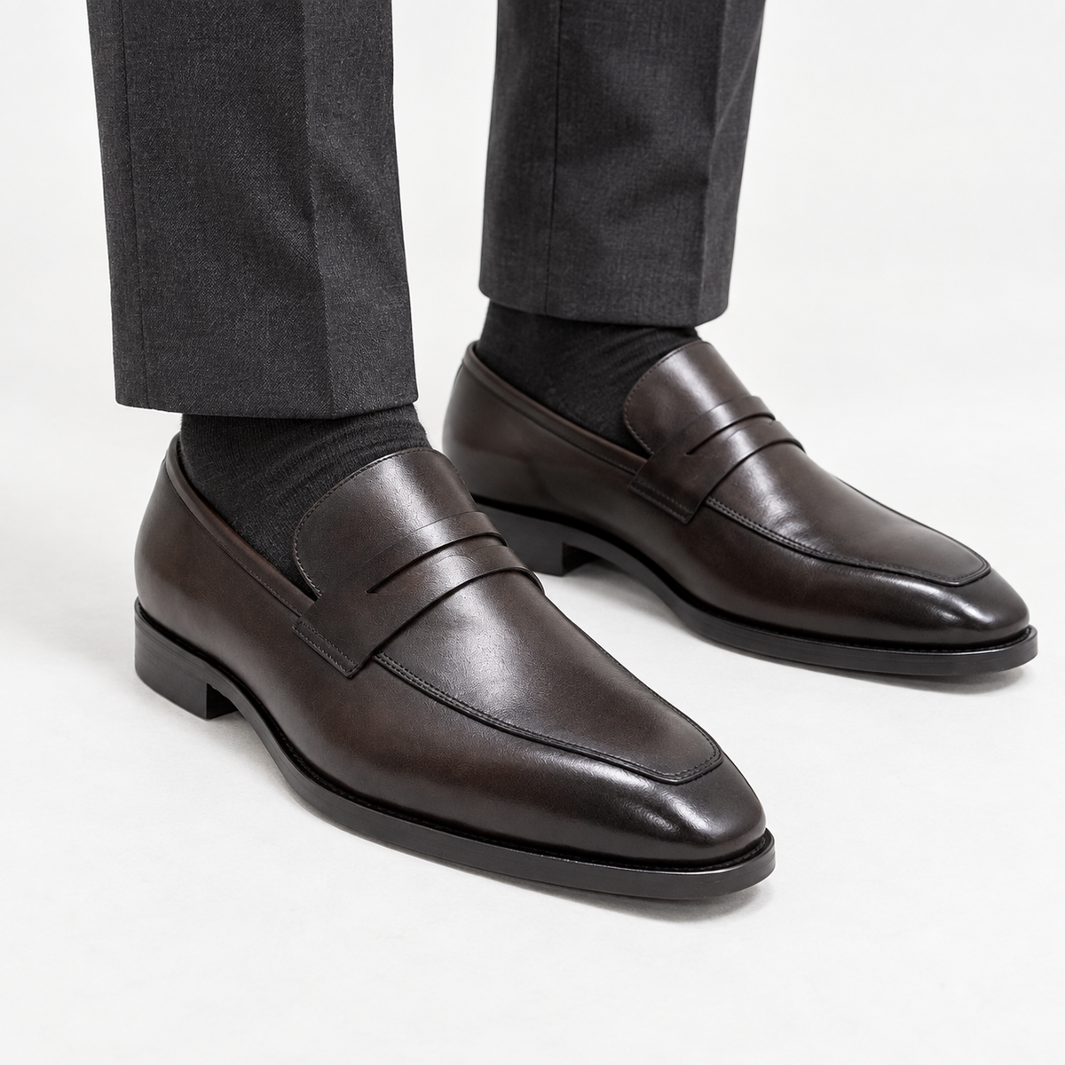 Leonardo formal office loafers in coffee, front worn view