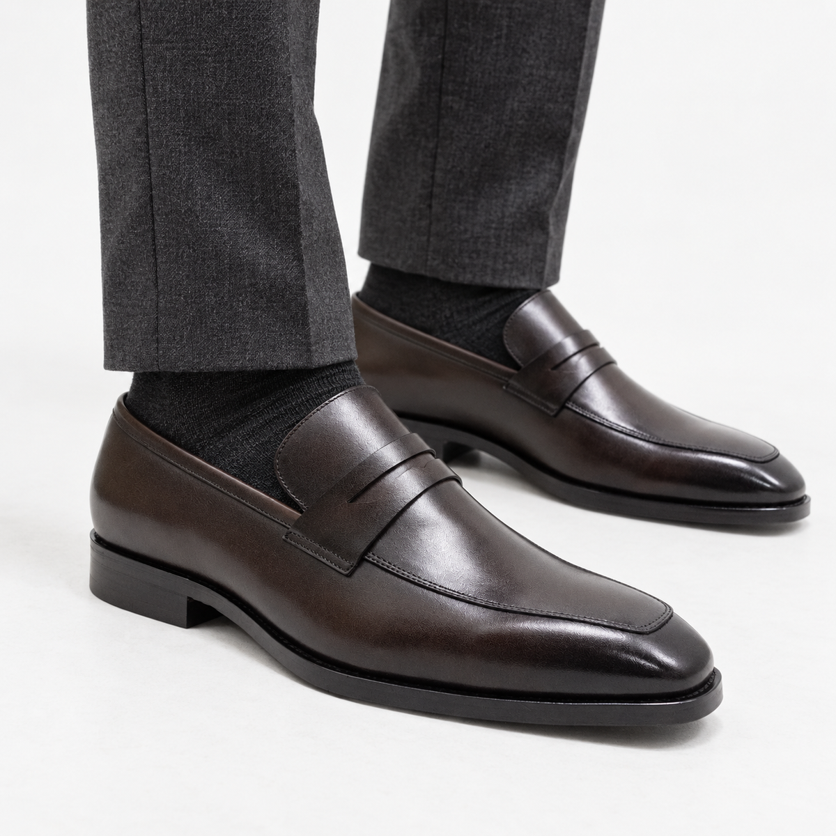 Leonardo formal office loafers in coffee, side worn view