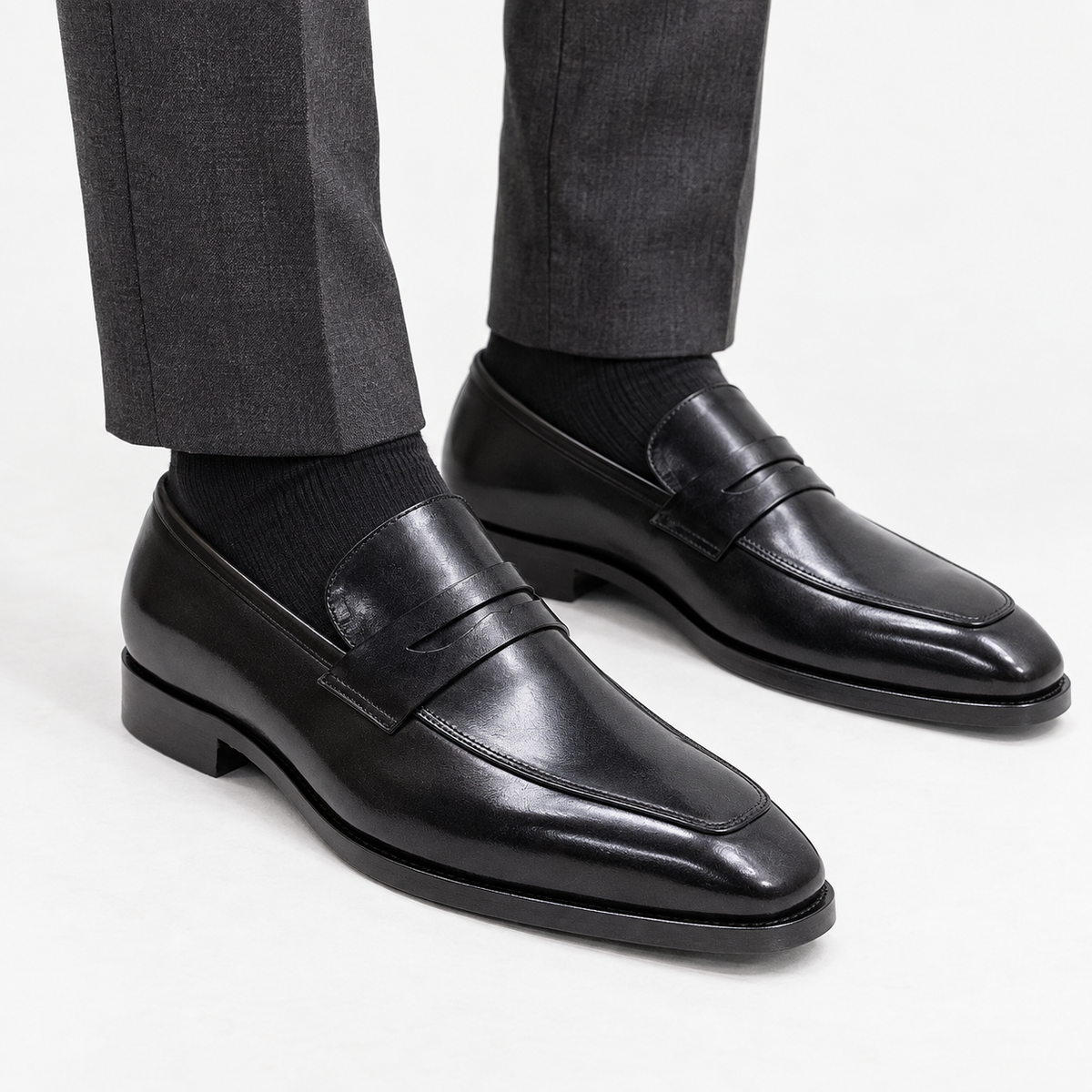 Leonardo formal office loafers in black, front worn view