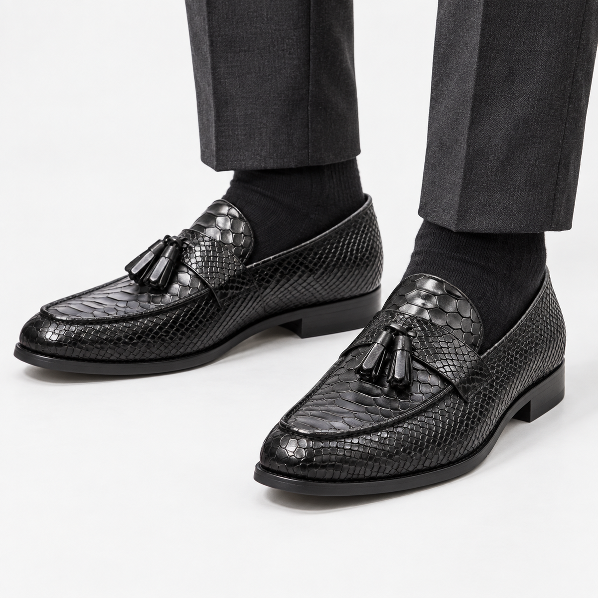 Leonardo premium pattern leather loafers in black, front worn view