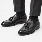 Leonardo premium pattern leather loafers in black, front worn view