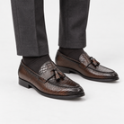 Leonardo premium pattern leather loafers in dark brown, front worn view