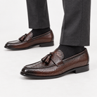 Leonardo premium pattern leather loafers in dark brown, side worn view