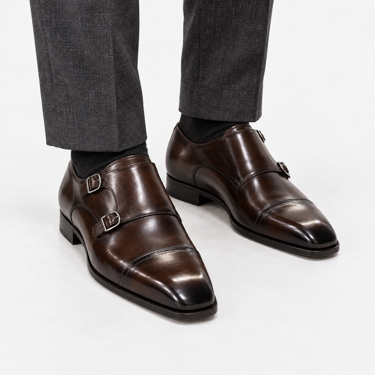 Leonardo double buckle leather shoes in dark-brown, front worn view