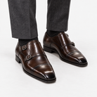 Leonardo double buckle leather shoes in dark-brown, front worn view