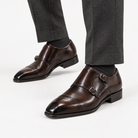 Leonardo double buckle leather shoes in dark-brown, side worn view
