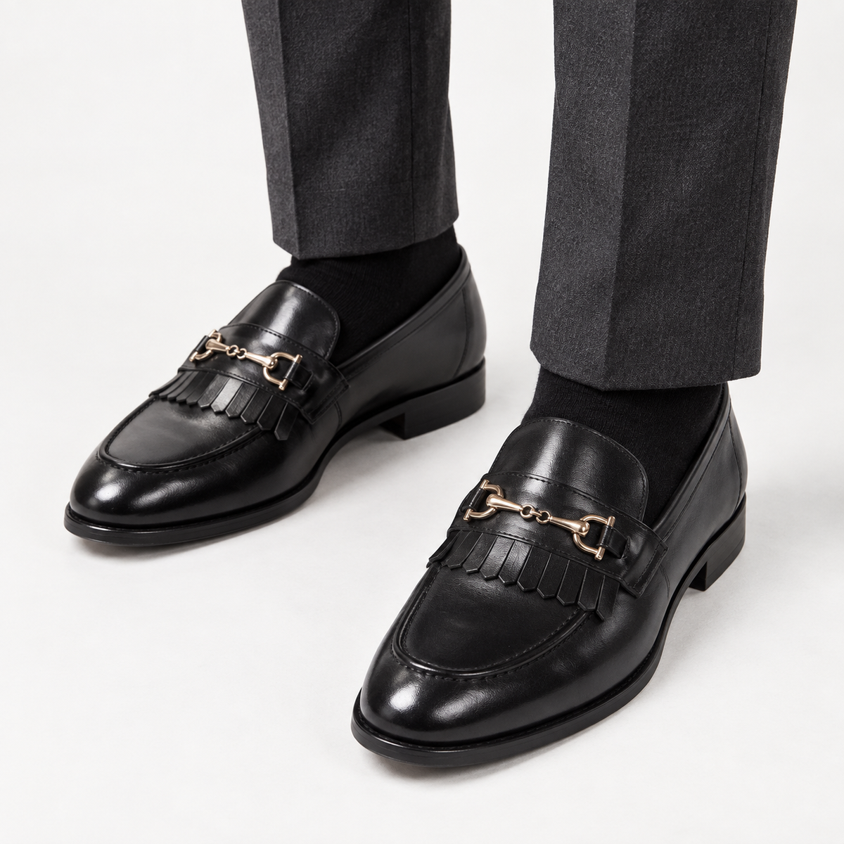 Leonardo classic wedding leather shoes in black, front worn view