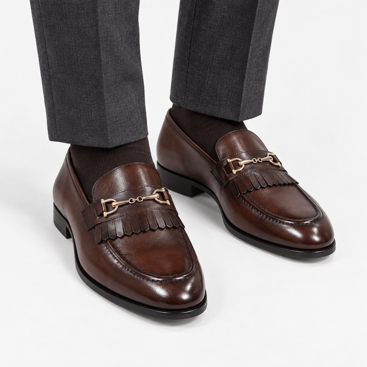 Leonardo classic wedding leather shoes in brown, front worn view