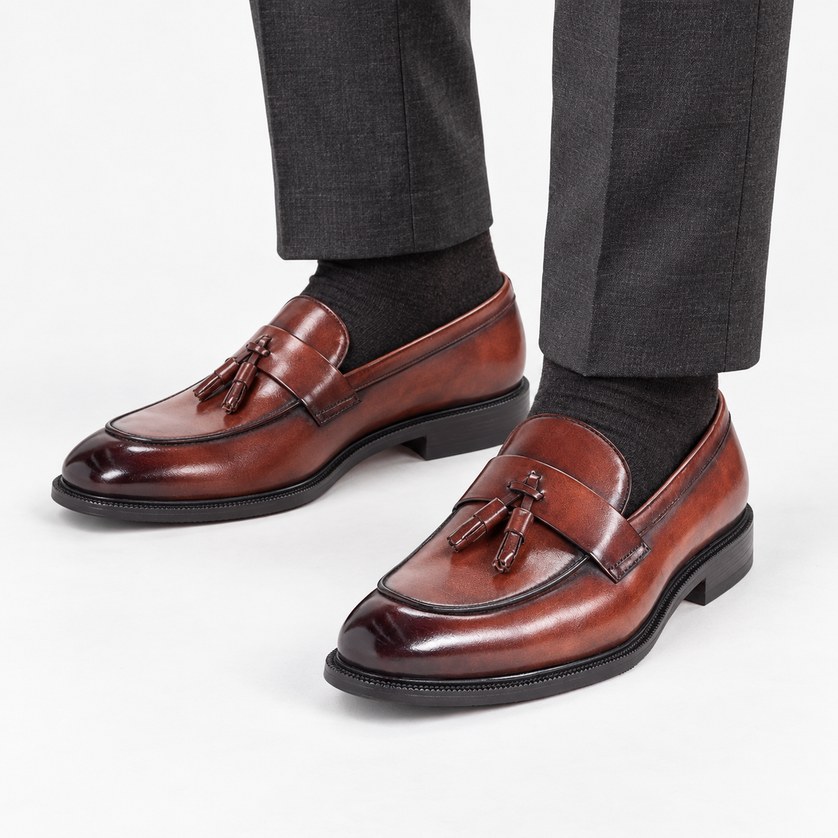 Leonardo classic slip luxury shoes in brown, front worn view