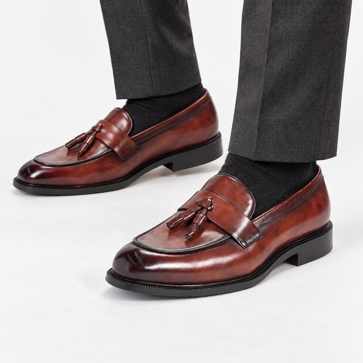 Leonardo classic slip luxury shoes in brown, side worn view
